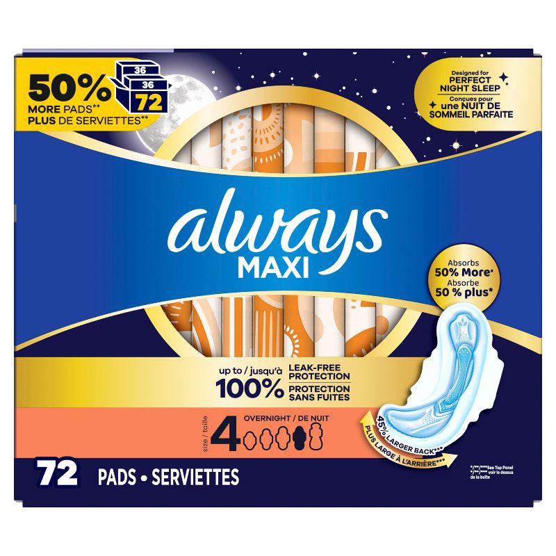 slide 3 of 10, Always Maxi Size 4 Overnight Pad with Wings - 72ct, 72 ct