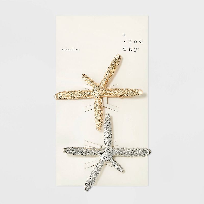 slide 2 of 4, Metal Textured Starfish Hair Clip Set 2pc - A New Day™ Gold/Silver, 2 ct