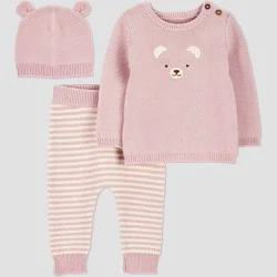 Carter's Just One You® Baby Girls' 3pc Bear Sweater Top & Pants Set - Purple 9M