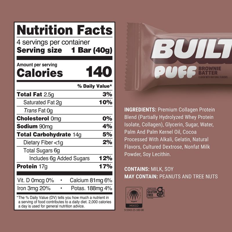 slide 5 of 8, Built Bar Brownie Batter Puff Protein Bars - 17g Protein - 4ct, 17 gram, 4 ct