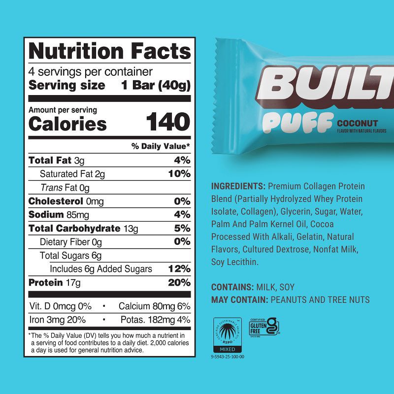 slide 4 of 8, Built Bar Built Puff Coconut Whey Protein Bars - 17g Protein - 4ct, 17 gram, 4 ct
