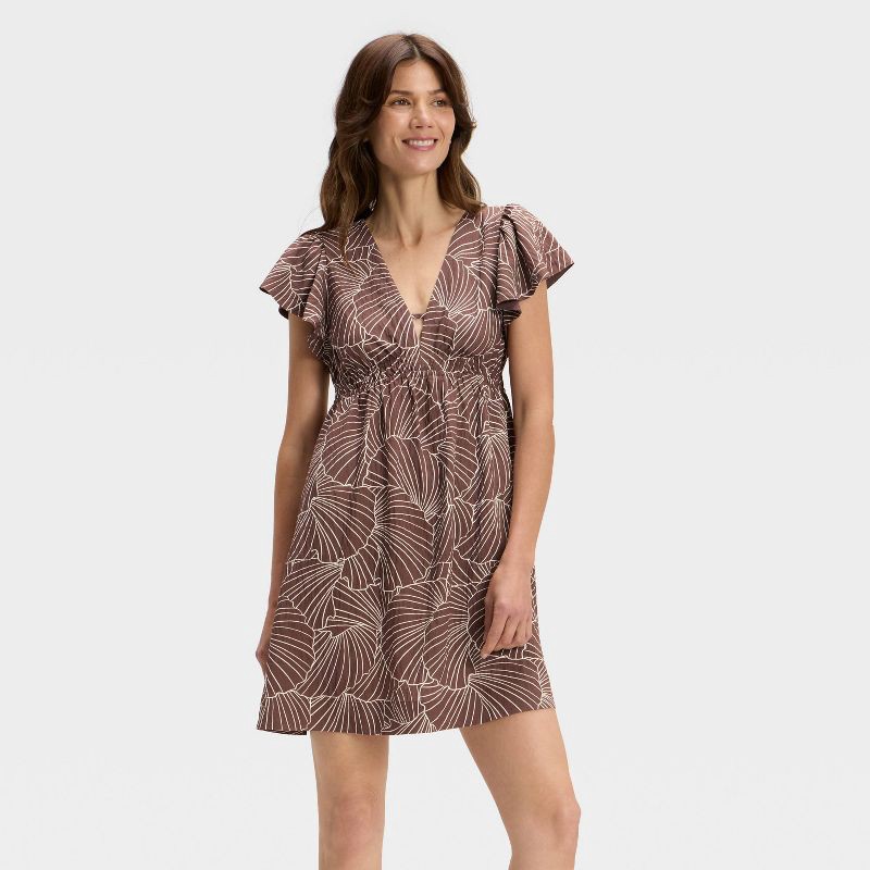 slide 1 of 3, Women's Short Flutter Sleeve Mini A-Line Dress - A New Day™ Brown Shell L, 1 ct