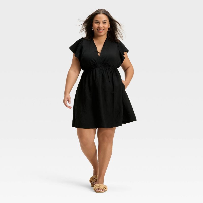 slide 3 of 3, Women's Short Flutter Sleeve Mini A-Line Dress - A New Day™ Black XXL, 1 ct