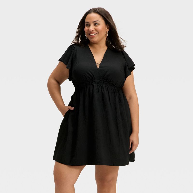 slide 1 of 3, Women's Short Flutter Sleeve Mini A-Line Dress - A New Day™ Black XXL, 1 ct