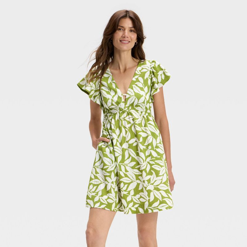 slide 1 of 3, Women's Short Flutter Sleeve Mini A-Line Dress - A New Day™ Green/White Leaf XL, 1 ct