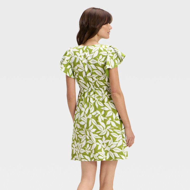 slide 2 of 3, Women's Short Flutter Sleeve Mini A-Line Dress - A New Day™ Green/White Leaf XS, 1 ct