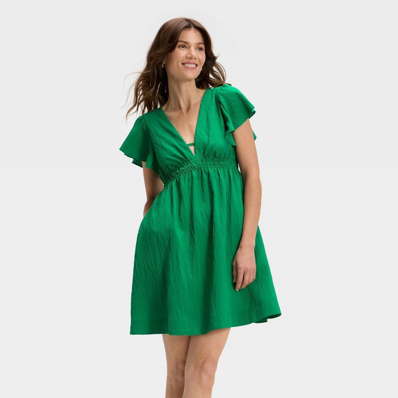 slide 1 of 3, Women's Short Flutter Sleeve Mini A-Line Dress - A New Day™ Dark Green XL, 1 ct