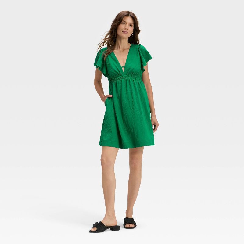 slide 3 of 3, Women's Short Flutter Sleeve Mini A-Line Dress - A New Day™ Dark Green XL, 1 ct