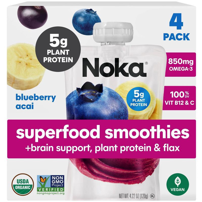 slide 1 of 15, NOKA Blueberry Acai Superfood Smoothie + Brain Support Pouches - 16.9oz/4ct, 4 ct; 16.9 oz