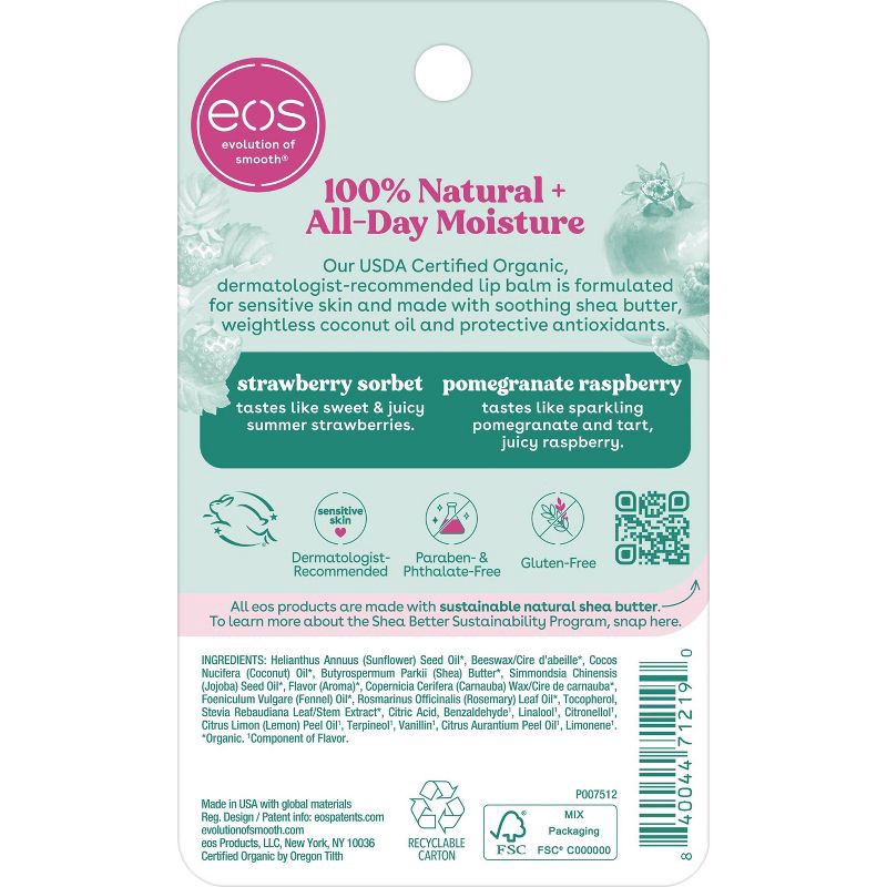 slide 2 of 7, eos 100% Natural & Organic Lip Balm Sticks - Strawberry Sorbet/Pomegranate Raspberry - 0.28oz/2pk, 0.28 oz, 2 ct