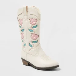 Kids' Emberly Embroidered Western Boots - art class™ Ivory 3: Mid Calf, Floral Pattern, Zipper Closure