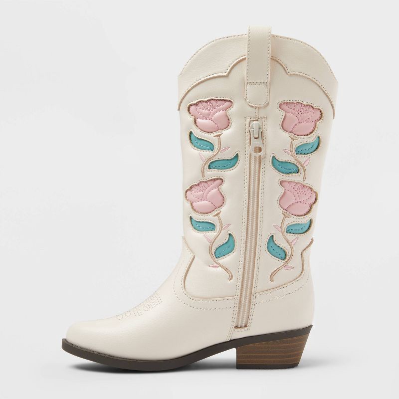 slide 2 of 3, Kids' Emberly Embroidered Western Boots - art class™ Ivory 5: Mid Calf, Floral Pattern, Zipper Closure, 1 ct