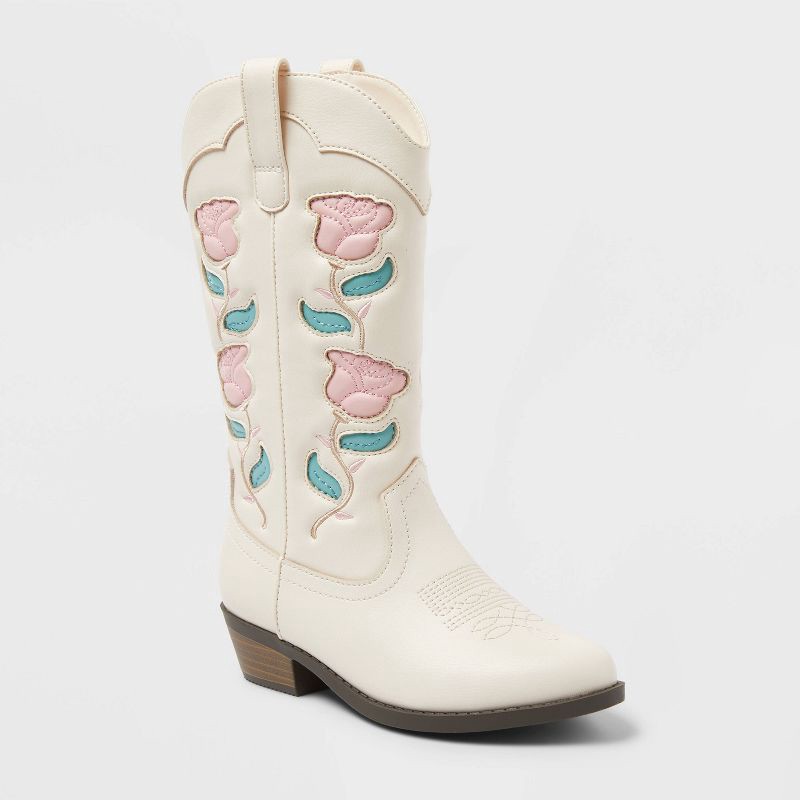 slide 1 of 3, Kids' Emberly Embroidered Western Boots - art class™ Ivory 5: Mid Calf, Floral Pattern, Zipper Closure, 1 ct