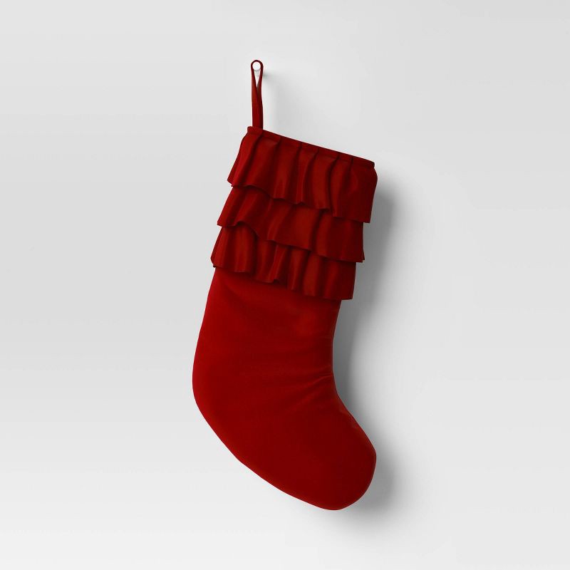 slide 1 of 3, 20" Christmas Velvet Stocking with Ruffles Burgundy - Wondershop™, 1 ct