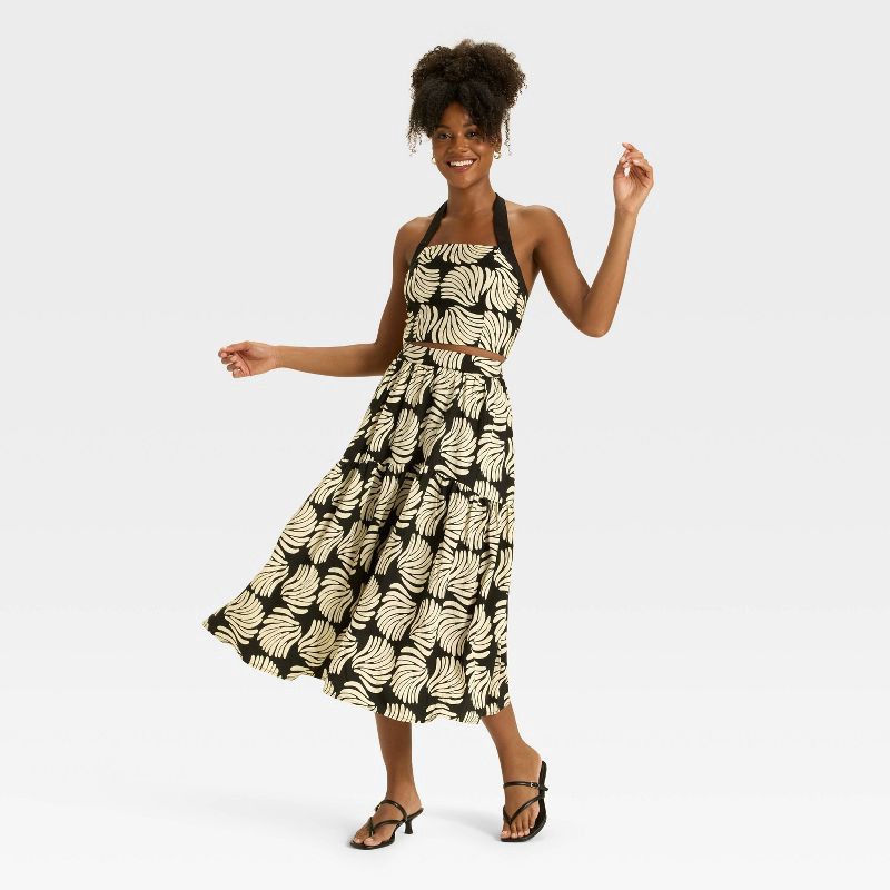 slide 3 of 3, Women's Tiered Midi A-Line Skirt - A New Day™ Black/Cream Seashell L, 1 ct