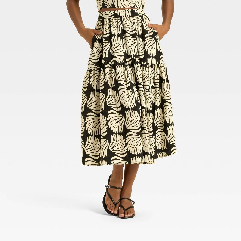 slide 1 of 3, Women's Tiered Midi A-Line Skirt - A New Day™ Black/Cream Seashell L, 1 ct