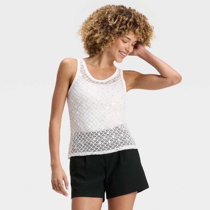 slide 1 of 4, Women's Embellished Crochet Tank Top - A New Day™ White S, 1 ct