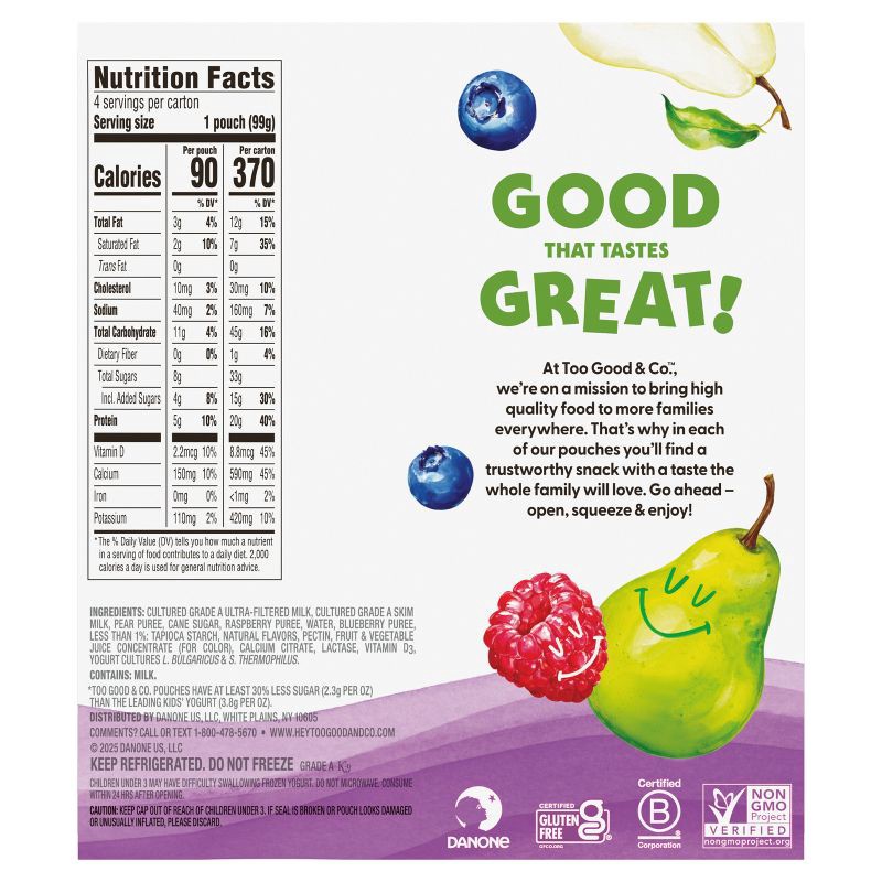 slide 11 of 12, Too Good & Co. Kids' Pear Berry Traditional Yogurt Pouches - 14oz/4ct, 4 ct; 14 oz