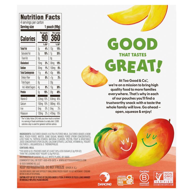 slide 11 of 12, Too Good & Co. Kids' Peach & Mango Traditional Yogurt Pouches - 14oz/4ct, 4 ct; 14 oz