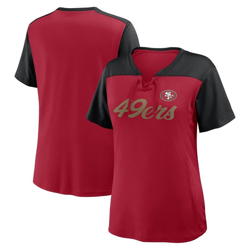 slide 3 of 3, NFL San Francisco 49ers Women's Short Sleeve Lace Up V-Neck Top - S, 1 ct