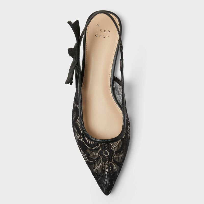 slide 3 of 4, Women's London Lace Sling Back Bow Flats - A New Day™ Black 6: Slip-On Tuxedo Style, Cushioned Insole, Pointed Toe Design, 1 ct
