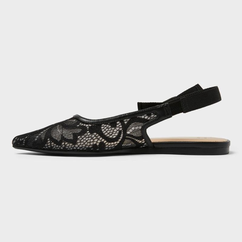 slide 2 of 4, Women's London Lace Sling Back Bow Flats - A New Day™ Black 6.5: Cushioned Insole, Pointed Toe, 1 ct