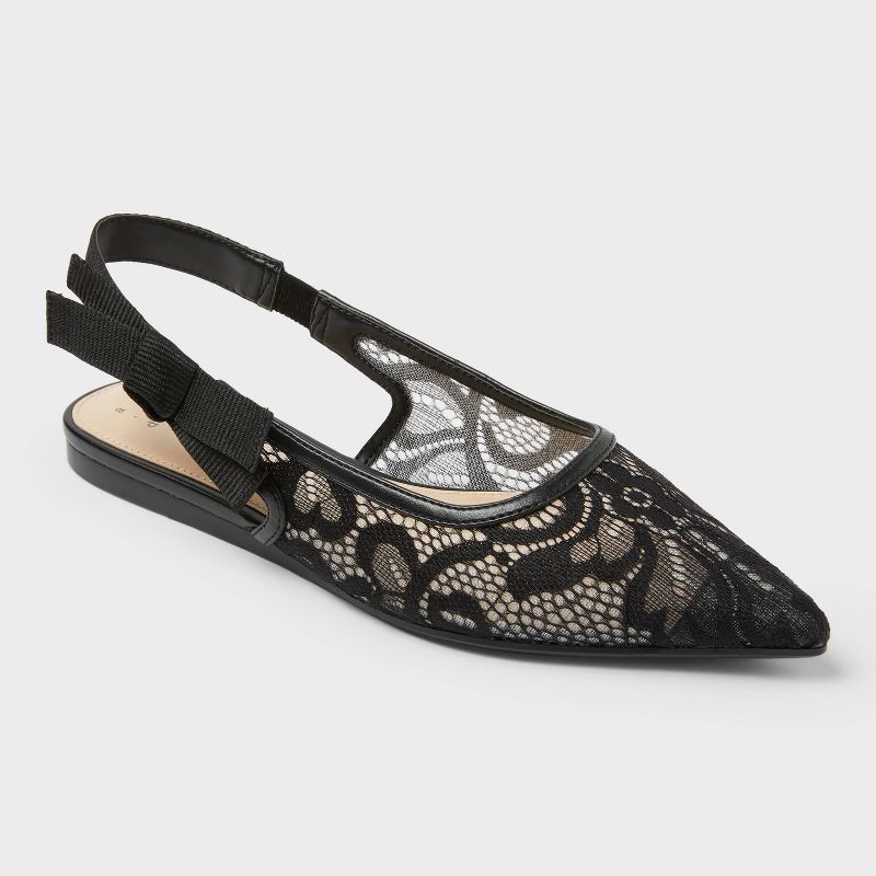 slide 1 of 4, Women's London Lace Sling Back Bow Flats - A New Day™ Black 6.5: Cushioned Insole, Pointed Toe, 1 ct