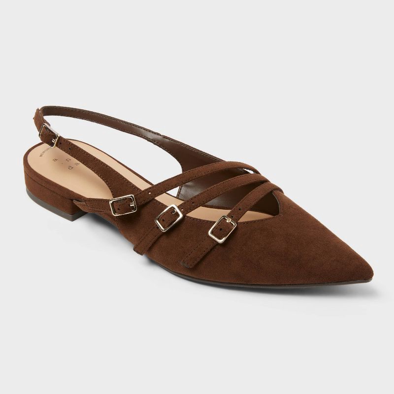 slide 1 of 4, Women's Twiggy Multi Buckle Mini Heel Flats with Memory Foam Insole - A New Day™ Brown 6: Faux Suede, Pointed Toe, 1 ct