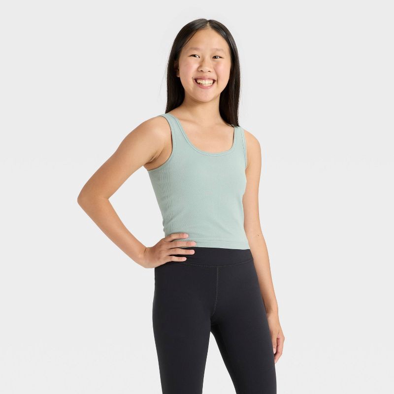 slide 1 of 3, Girls' Seamless Crop Tank Top - All In Motion™ Green XS, 1 ct