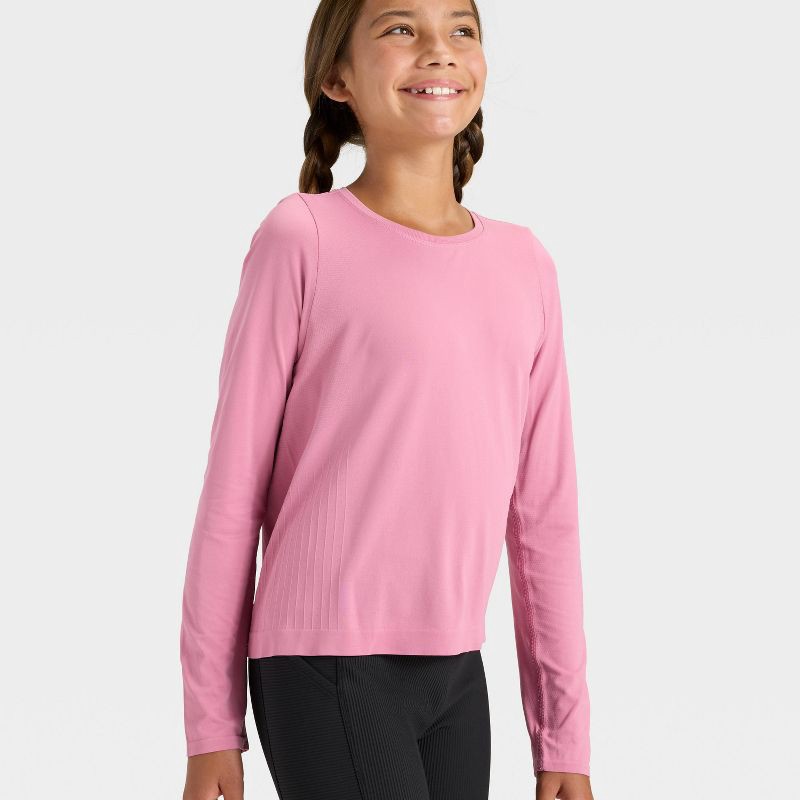slide 3 of 3, Girls' Seamless Long Sleeve Round Neck T-Shirt - All In Motion™ Pink XL, 1 ct