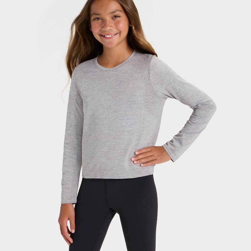 slide 2 of 3, Girls' Seamless Long Sleeve Round Neck T-Shirt - All In Motion™ Gray XL, 1 ct