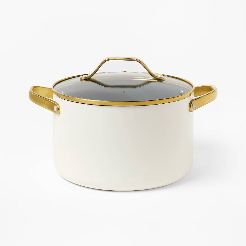 slide 1 of 8, 6qt Nonstick Ceramic Coated Aluminum Stock Pot with Champagne Handle Cream - Figmint™, 6 qt