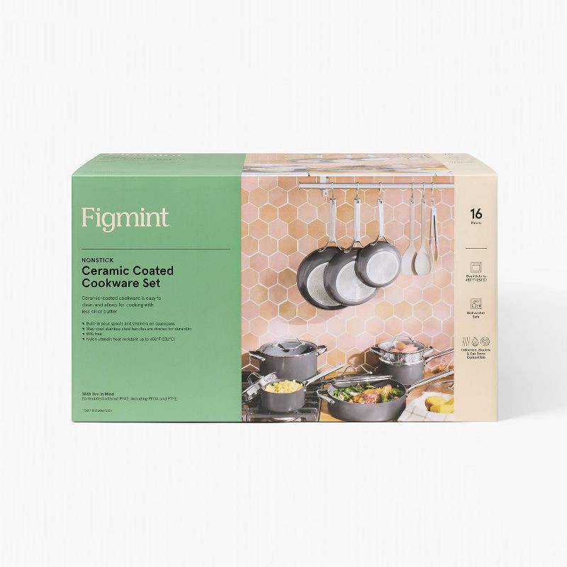 slide 8 of 10, 16pc Nonstick Ceramic Coated Aluminum Cookware Set Dark Gray - Figmint™, 16 ct
