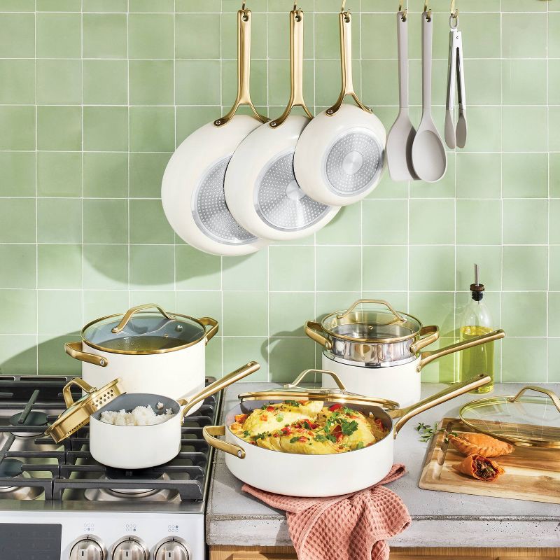 slide 2 of 9, 16pc Nonstick Ceramic Coated Aluminum Cookware Set with Champagne Handle Cream - Figmint™, 16 ct