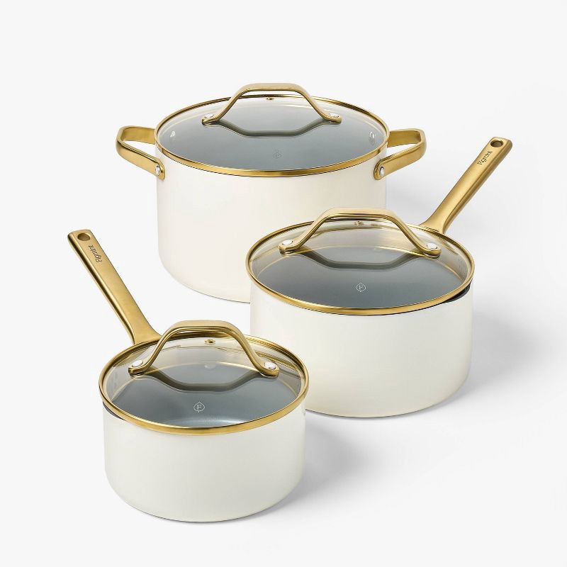 slide 4 of 9, 16pc Nonstick Ceramic Coated Aluminum Cookware Set with Champagne Handle Cream - Figmint™, 16 ct