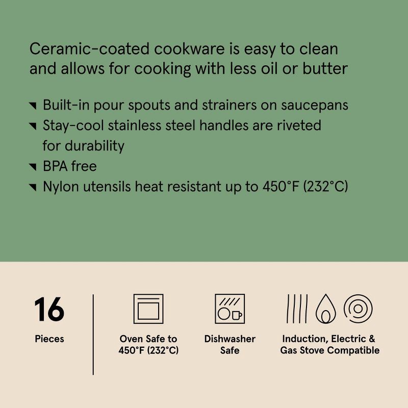 slide 8 of 9, 16pc Nonstick Ceramic Coated Aluminum Cookware Set with Champagne Handle Cream - Figmint™, 16 ct