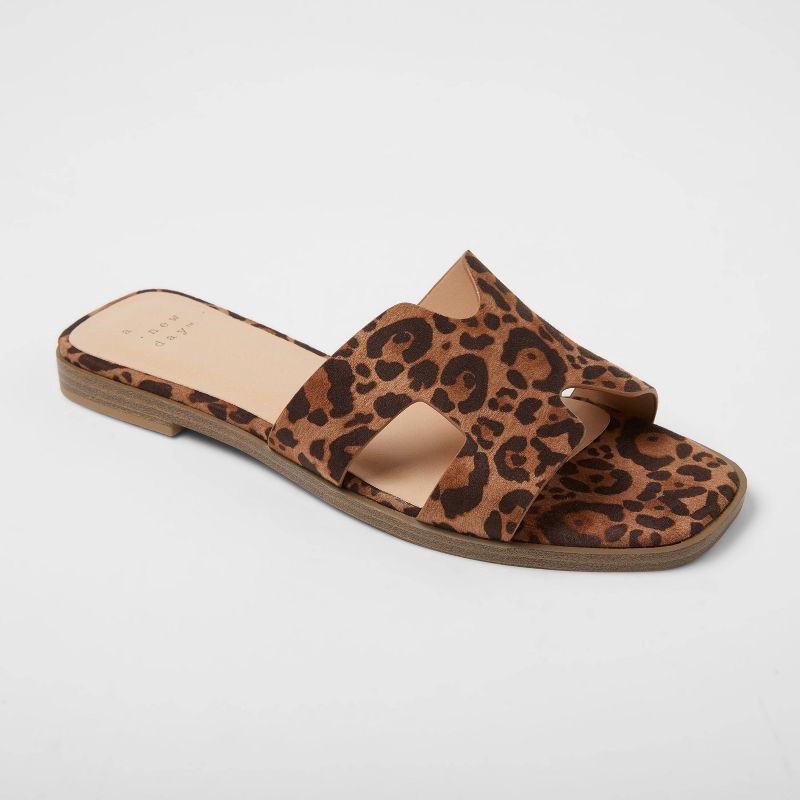 slide 1 of 4, Women's Nina H-Band Slide Sandals - A New Day™ Brown 7: Leopard Spot, Open Toe, Block Heel, 1 ct