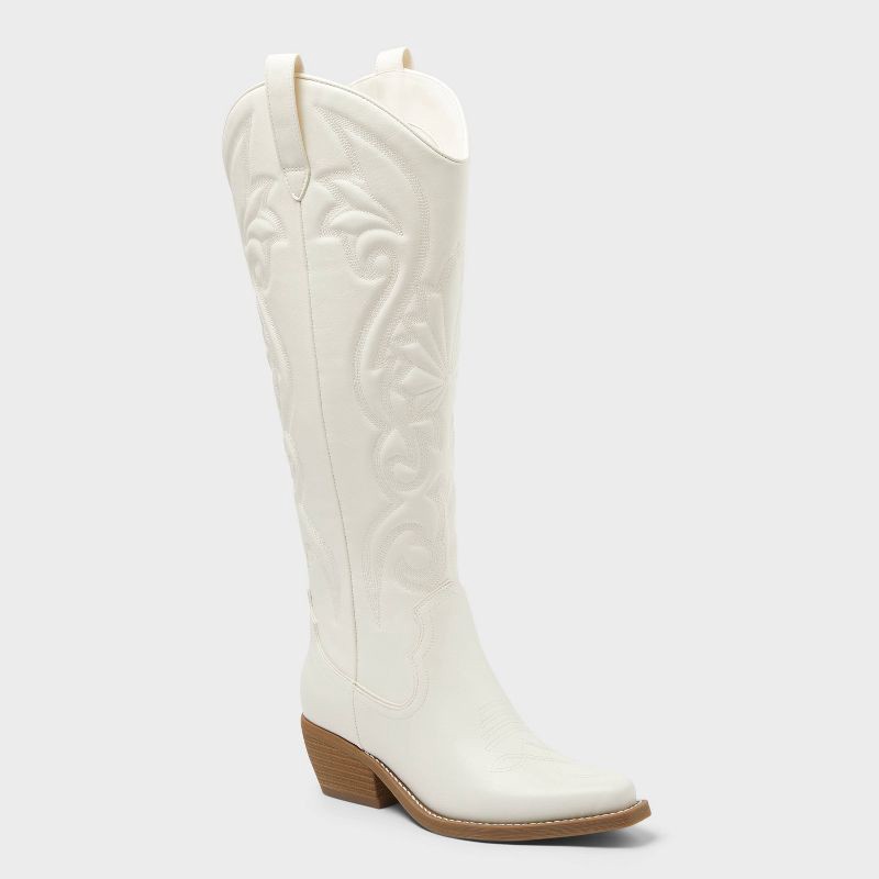 slide 1 of 4, Women's Kenzie Tall Western Boots with Memory Foam Insole – Wild Fable™ Ivory 8.5: Knee-High, Block Heel, Zipper Closure, 1 ct