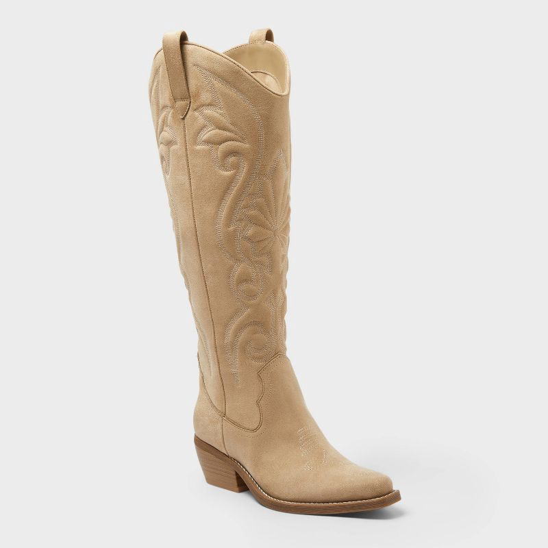 slide 1 of 4, Women's Kenzie Tall Western Boots with Memory Foam Insole – Wild Fable™ Tan 11: Knee-High, Zipper Closure, Block Heel, Medium Calf, 1 ct