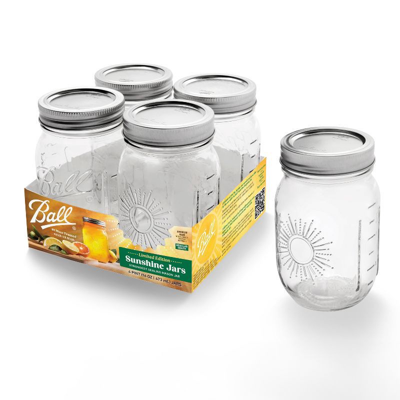 slide 1 of 6, Ball 16oz 4pk Glass Regular Mouth Mason Jar with Band and Lid Sunshine, 4 ct; 16 oz