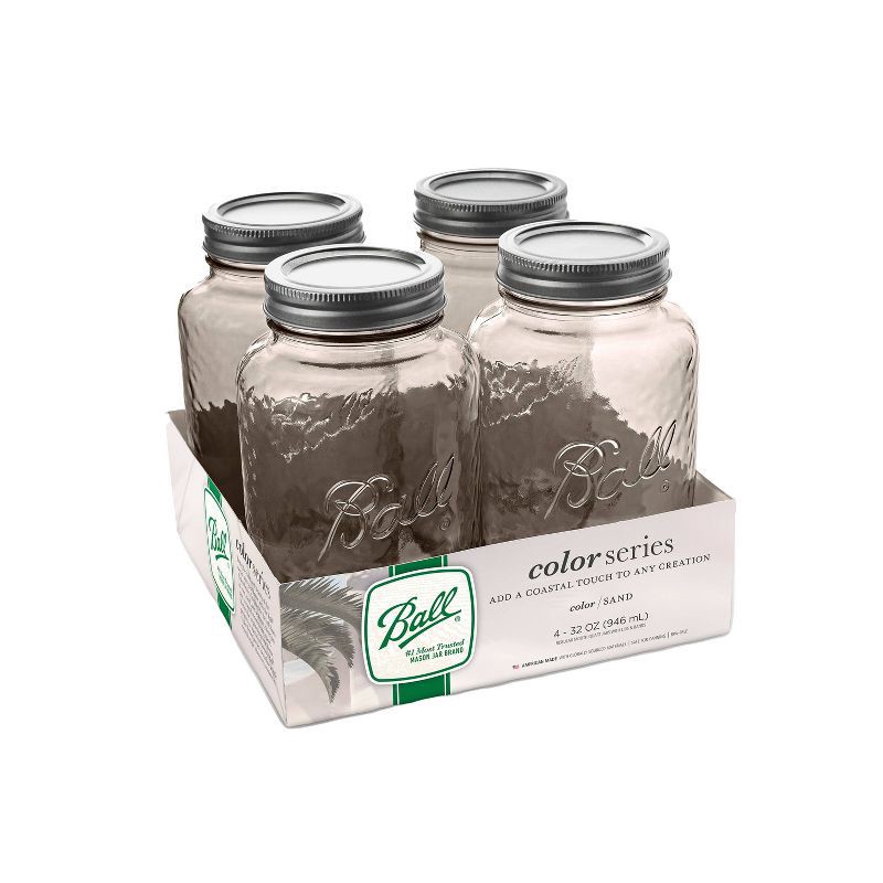 slide 1 of 6, Ball 32oz 4pk Glass Regular Mouth Mason Color Jar with Lid and Band Sand, 4 ct; 32 oz
