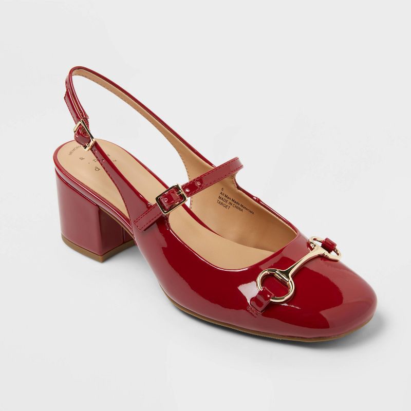 slide 1 of 4, Women's Lucky Square Toe Mary Jane Heel with Memory Foam Insole - A New Day™ Red 11: Faux Leather, Block Heel, 1 ct
