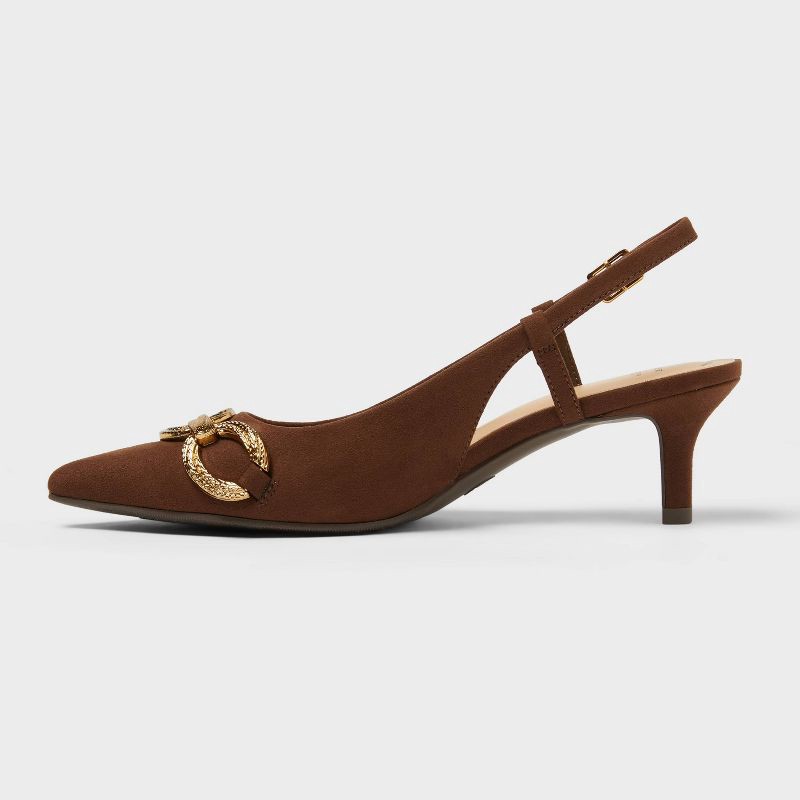 slide 2 of 4, Women's Tabitha Oversized Chain Sling Back Heels with Memory Foam Insole - A New Day™ Brown 6.5: Pointed Toe, Louis Heel, Buckle Closure, 1 ct