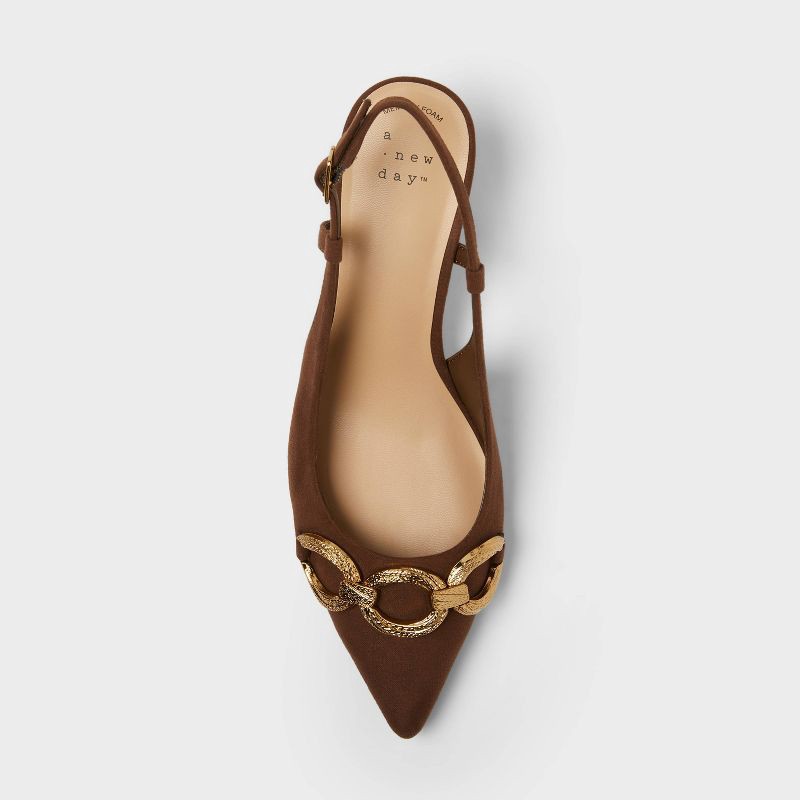 slide 3 of 4, Women's Tabitha Oversized Chain Sling Back Heels with Memory Foam Insole - A New Day™ Brown 6.5: Pointed Toe, Louis Heel, Buckle Closure, 1 ct