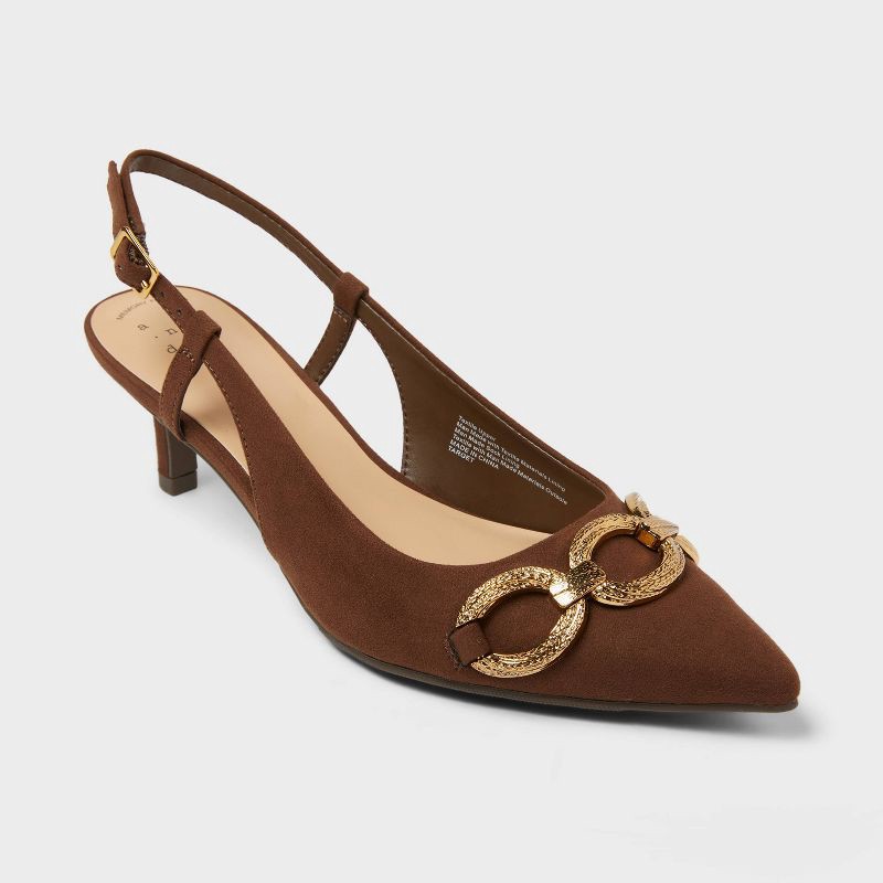 slide 1 of 4, Women's Tabitha Oversized Chain Sling Back Heels with Memory Foam Insole - A New Day™ Brown 7: Pointed Toe, Louis Heel, Buckle Closure, 1 ct