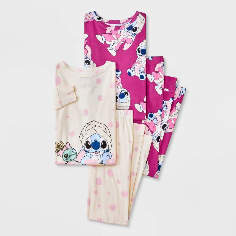 slide 1 of 4, Girls' 4pc Lilo & Stitch Long Sleeve Pajama Set - White 8, 4 ct