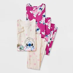 Girls' 4pc Lilo & Stitch Long Sleeve Pajama Set - White 8