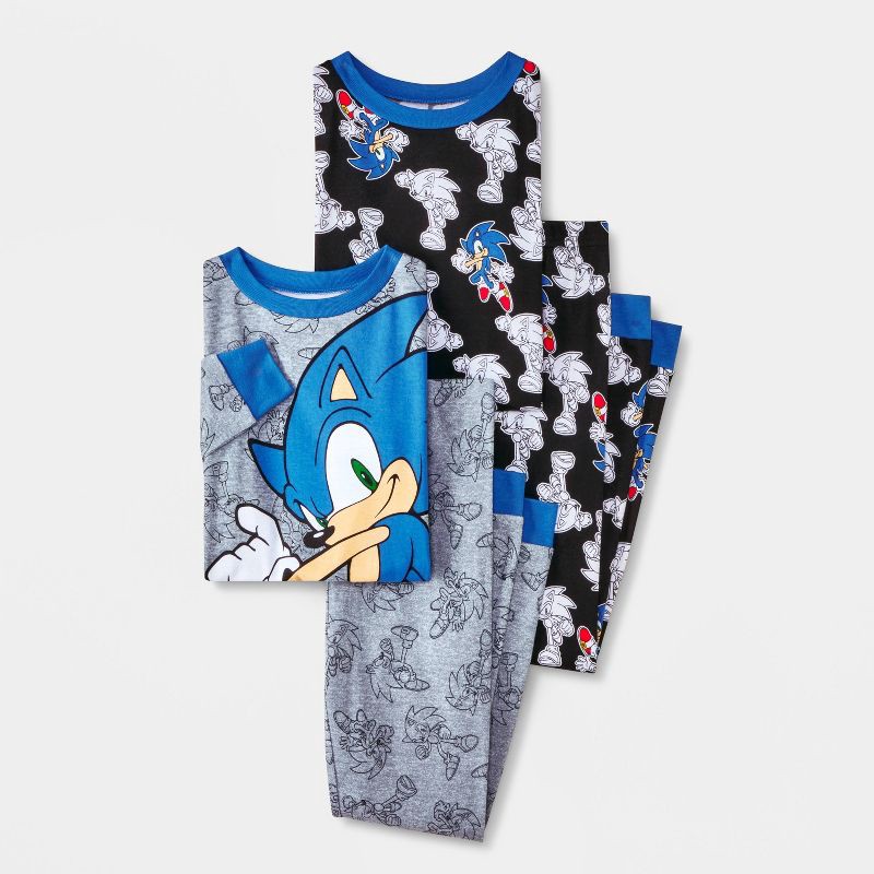 slide 1 of 4, Sonic the Hedgehog Boys' 4pc Sonic Long Sleeve Pajama Set - Black 8, 4 ct