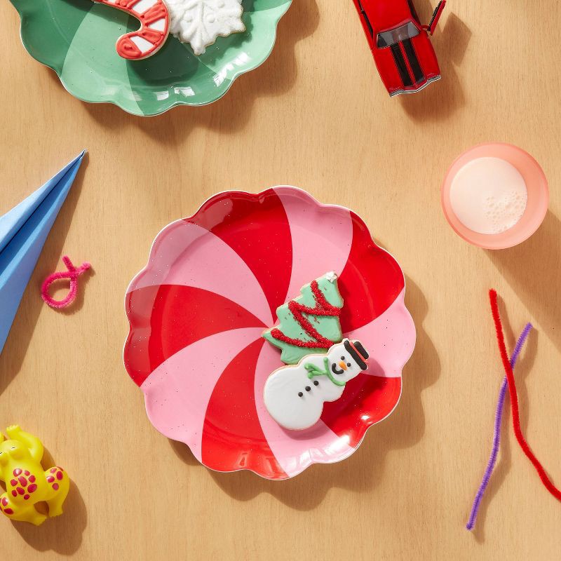 slide 2 of 3, Kids' 10" Peppermint Swirl Scallop Dinner Plate Pink/Red - Pillowfort™, 1 ct
