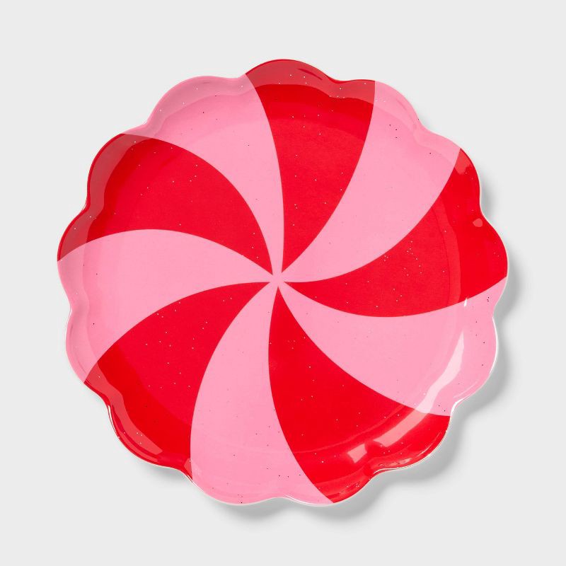 slide 1 of 3, Kids' 10" Peppermint Swirl Scallop Dinner Plate Pink/Red - Pillowfort™, 1 ct